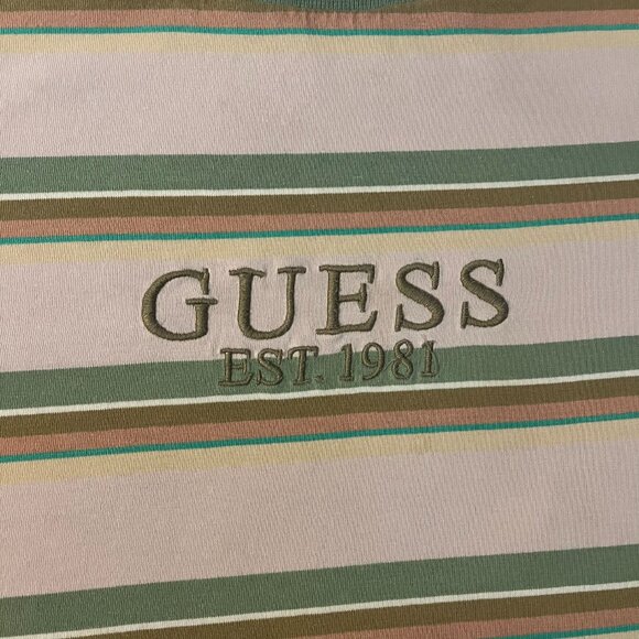 Guess Originals Brand Striped Neutral Earth Tone Colorblock Embroidered T-shirt - Picture 4 of 6